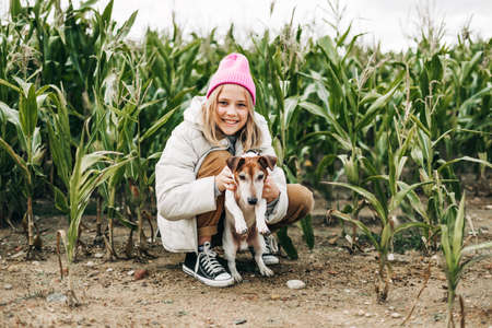 Happy teenage girl hugging her dog Jack Russell terrier in a field against a background of a cornfield in autumnの写真素材