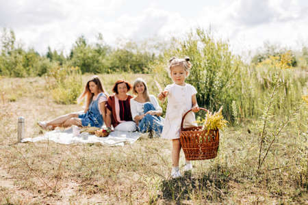 A charming little girl collects flowers in a wicker basket during a picnic on the lawnの写真素材