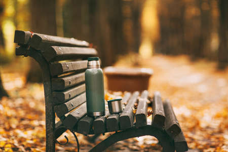 A tourist thermal cup stands on a bench in an autumn parkの写真素材