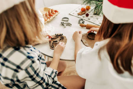 Two sisters are preparing gingerbread cookies for Christmas. Preparation for Christmas and New Year, Christmas cookies. Rear viewの写真素材