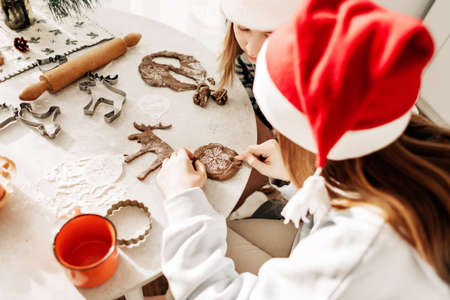Two sisters are preparing gingerbread cookies for Christmas. Preparation for Christmas and New Year, Christmas cookies. Side viewの写真素材