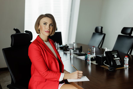 A businesswoman is working in her home office on new ideas, preparing for a meetingの写真素材