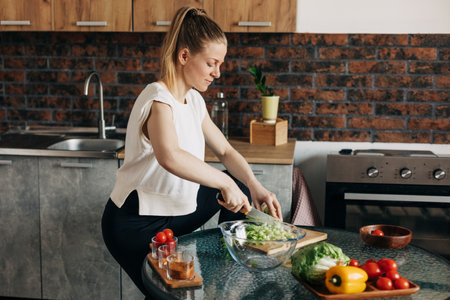 Sports woman cooking healthy eat at homeの写真素材