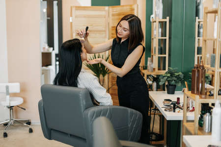 The makeup artist girl applies powder or blush to her client, completes the image. Beauty, makeup, styleの写真素材