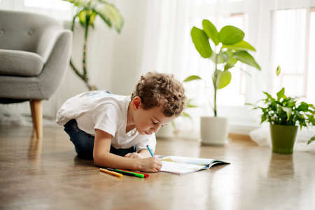 A little boy draws, lying on the floor, having fun. Happy childhood, positive emotions. Side view,...