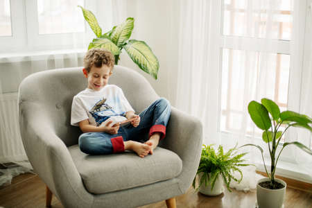 A cheerful boy with a phone in his hands is sitting in a chair and playing a game or watching...