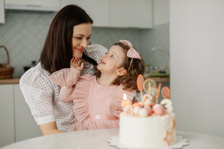 Portrait of a charming mother and daughter with a birthday cake in the kitchen. Birthday, holiday, eventの写真素材