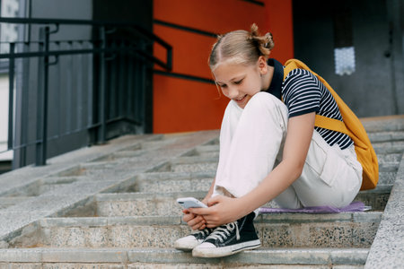 A teenage girl writes messages to friends while sitting on the stairs near the house, on the way to schoolの写真素材