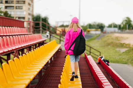 A teenage girl with a backpack walks through the stands of the school stadium. Rear viewの写真素材