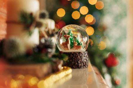 A snow globe with a snowy forest and deer stands on a shelf or fireplace. Christmas decorations, Christmas background
