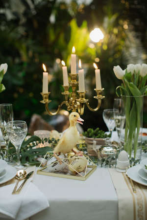 beautiful and cozy bright easter table decorationの写真素材
