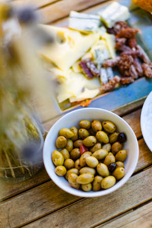 Breakfast on the table in the yard in the summertimeの写真素材