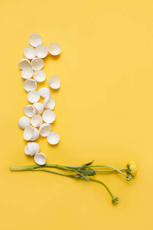easter egg on the yellow background with the place for the text for greeting