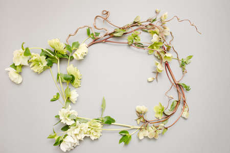 Flat lay composition of an empty gray background, decorated with ranunculus flowers. Copy text for a menu, reception, party poster, or wedding invitation.の写真素材
