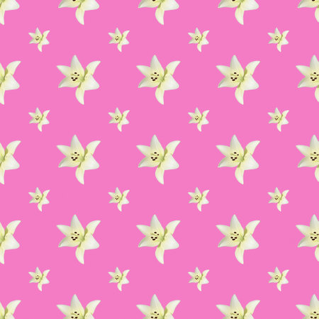 Beautiful seamless pattern of white lily on pink background. Flowers abstract seamless pattern.の写真素材