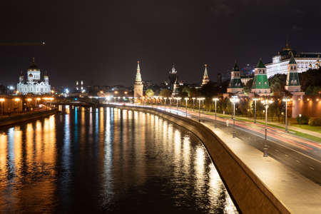 Night Moscow center with illumination. View of towers of the Moscow Kremlin and Christ the Savior Cathedral.の写真素材