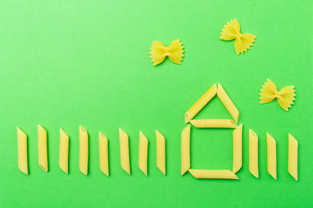 Picture with house made from penne type of italian pasta and farfalle butterflies on green...
