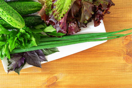 Plate with green vitamin vegetables and green goods, top view. Healthy food.