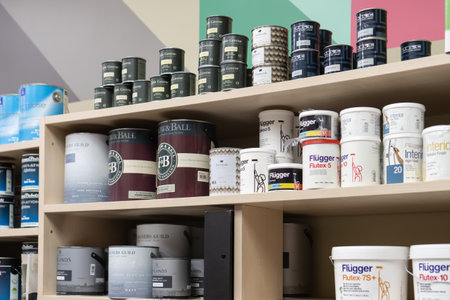 Russia, Moscow: June 28, 2021. Shelving with high quality eco-friendly interior paints in the shop.のeditorial素材