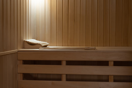 Small home sauna trimmed with linden wood.の写真素材