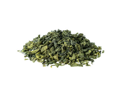 Heap of dry leaf chinese green tea isolated on white background.の写真素材