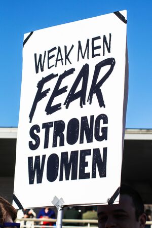 Weak Men Fear Strong Women sign at Womens March Tulsa Oklahoma USA 1-20-2018のeditorial素材