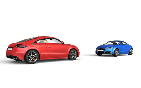 Red and blue car facing offの写真素材