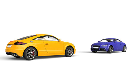Yellow and purple cars - head to headの写真素材