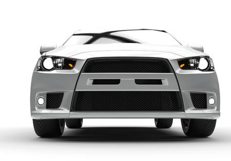 Silver race car front close up viewの写真素材