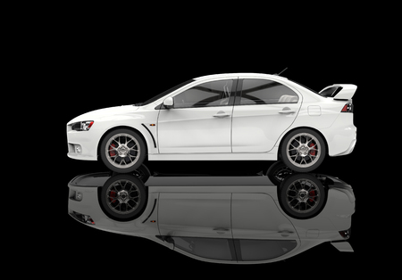 White race car on black reflective floorの写真素材