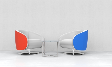 Red and blue armchairs in white roomの写真素材