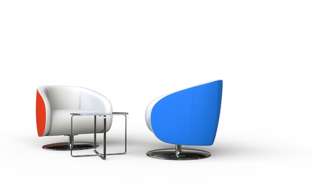 Blue and red armchairs isolated on white backgroundの写真素材