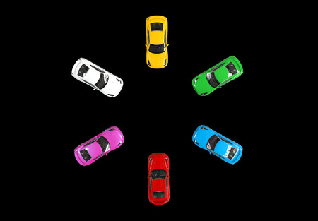 Multicolored cars facing each other in a circle, image shot in ultra high resolution.の写真素材