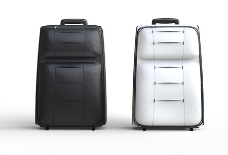 White and black travel baggage suitcases on white background, image shot in ultra high resolution.の写真素材