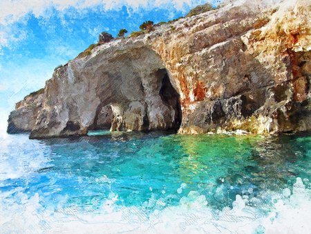 Beautiful cliffs by the sea - Blue Caves - Illustrationの写真素材