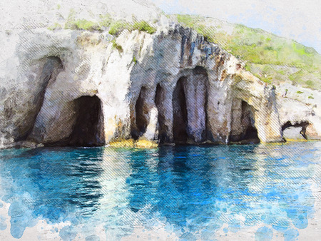 Beautiful cliffs by the sea - Blue Caves - Illustrationの写真素材