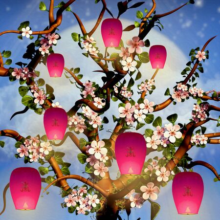 Cherry Tree Blossom and pink lanternsの写真素材
