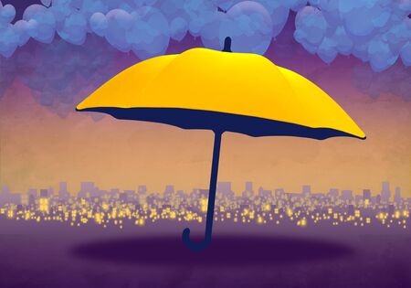 Cartoony Skyline Background at sunset with clouds and yellow umbrellaの写真素材