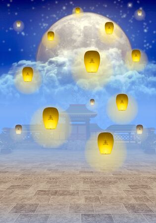 Tranquil temple, full moon and yellow lanternsの写真素材