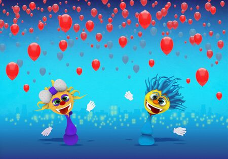 Cartoony Characters  and red balloonsの写真素材