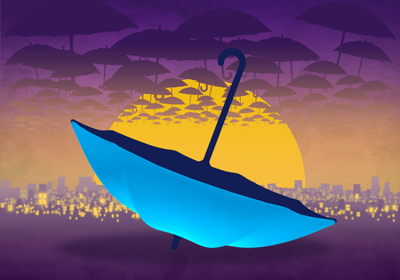 Cartoony Skyline Background at sunset with clouds and blue umbrella_01の写真素材