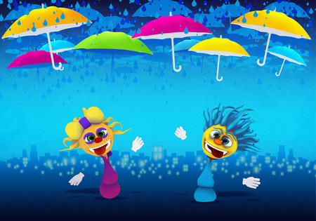 Cartoony Characters  with umbrellas and rainの写真素材