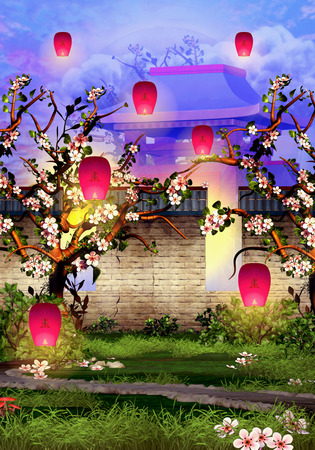 Cherry Tree Blossom,  brick wall and pink lanternsの写真素材