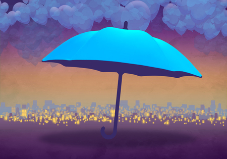 Cartoony Skyline Background at sunset with clouds and blue umbrellaの写真素材