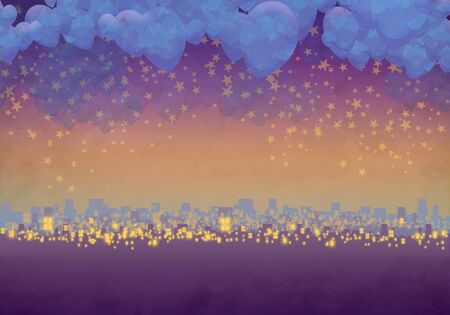 Cartoony Skyline Background at sunset with clouds and starsの写真素材