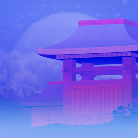 Temple infront of the full moonの写真素材