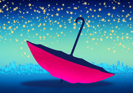Cartoony Skyline Background with pink umbrella and starsの写真素材