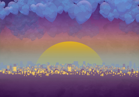 Cartoon Skyline Background at sunset with cloud 2の写真素材