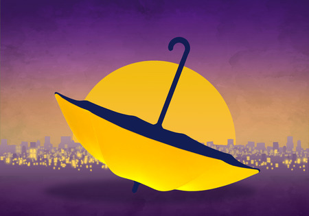 Cartoony Skyline Background at sunset with yellow umbrellaの写真素材