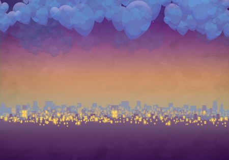 Cartoony Skyline Background at sunset with cloudsの写真素材